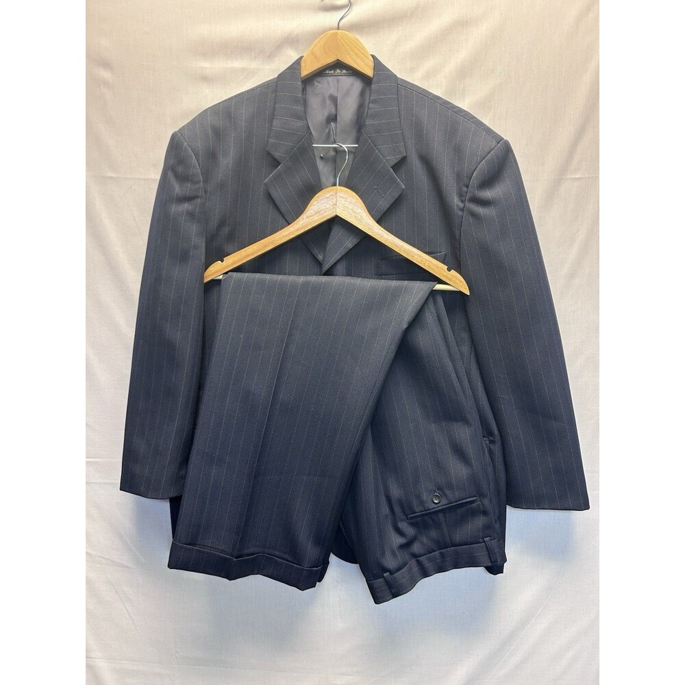Milano Moda Men’s 2 Piece Navy Blue Pinstripe Suit 42R 4 Button Cuffed Pleated